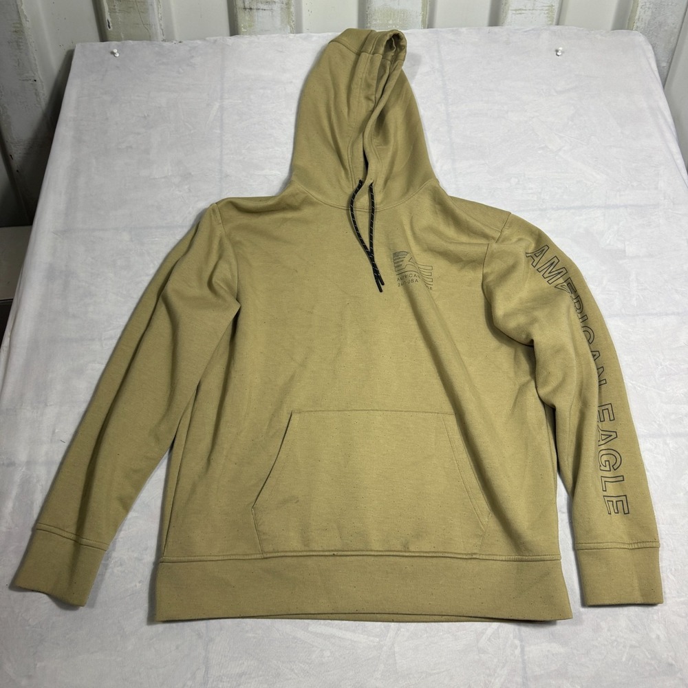 American Eagle 24/7 USA Mens Pullover Sweatshirt Khaki Kangaroo Pocket Hooded L
